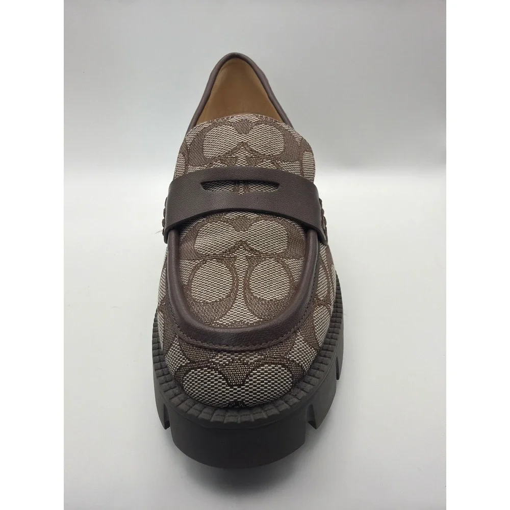 Coach Leah Loafer Signature Jacquard Leather Block Heel Lug Sole Brown Size 6.5